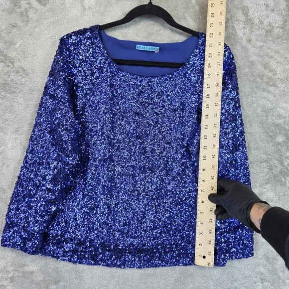 alice + olivia Shirt Womens Small Blue Sequin Silk Long Sleeve Top Party Dressy